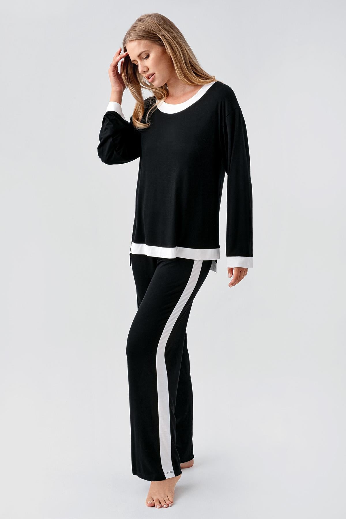 Long Sleeve Basic Flexible Viscose Pajama Set 18209
