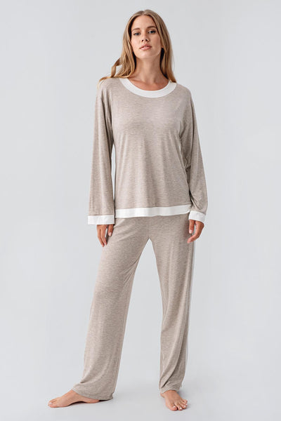 Long Sleeve Basic Flexible Viscose Pajama Set 18209