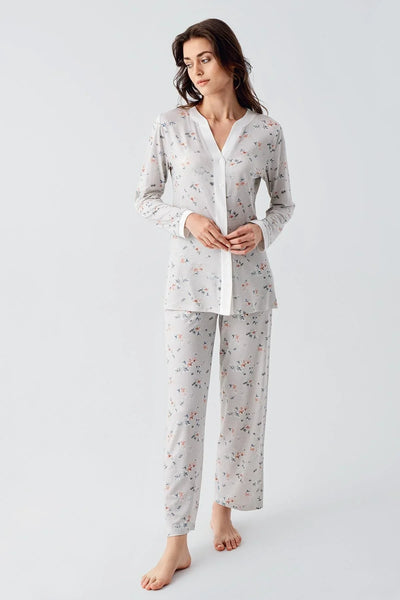 Uzun Kollu Çiçek Desenli Düğmeli Esnek Viskon Pijama Takım 16214