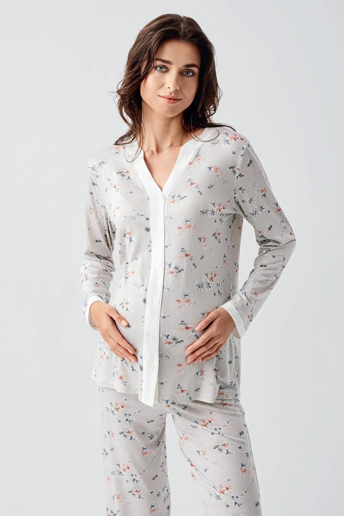 Uzun Kollu Çiçek Desenli Düğmeli Esnek Viskon Pijama Takım 16214