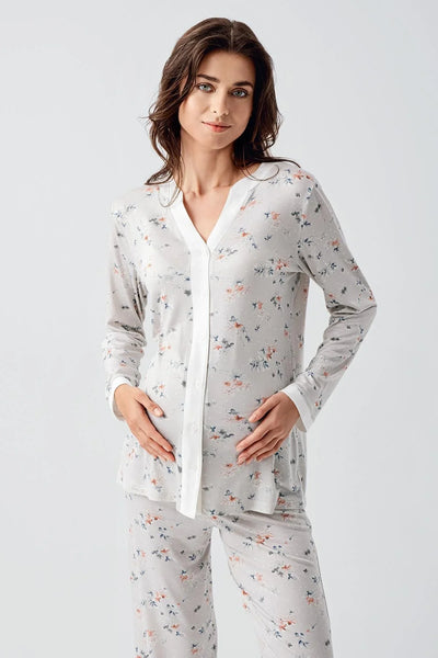 Uzun Kollu Çiçek Desenli Düğmeli Esnek Viskon Pijama Takım 16214
