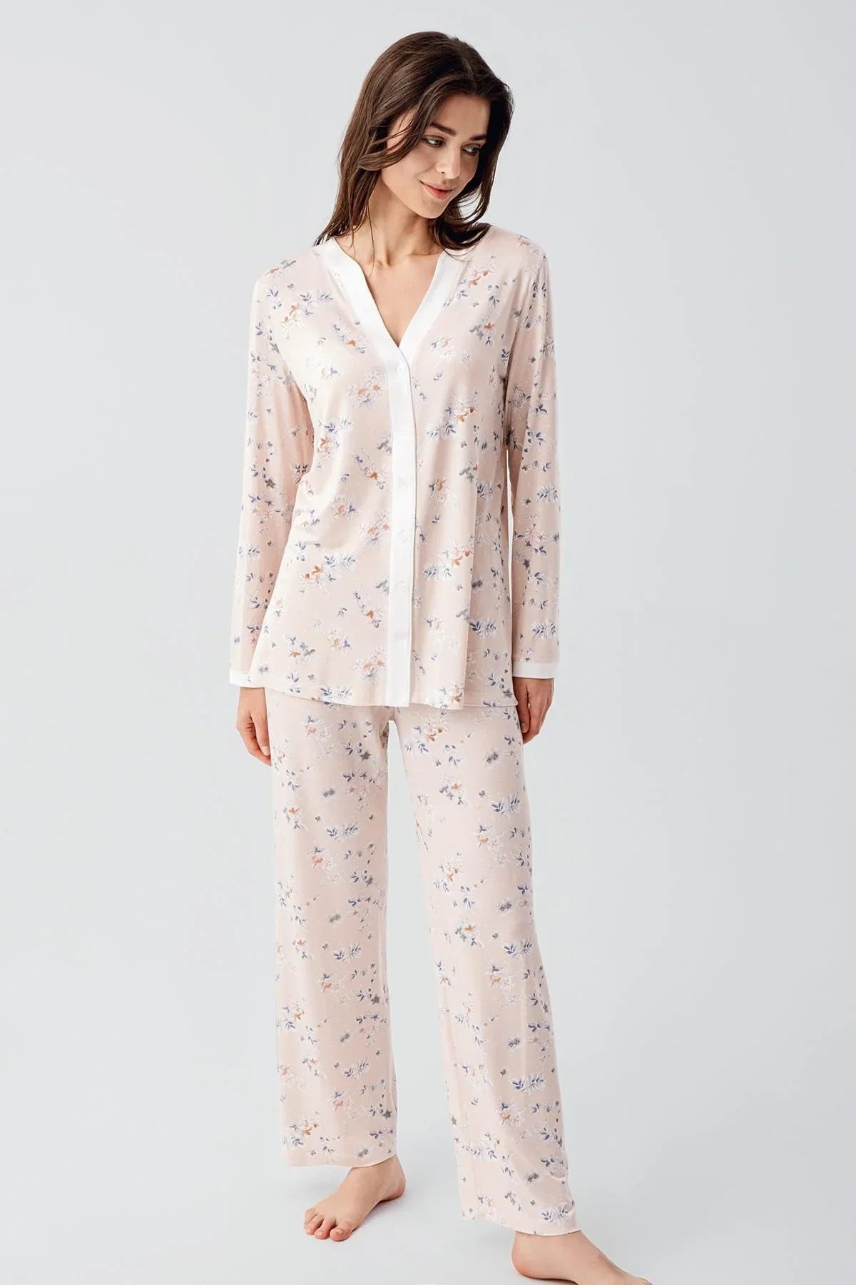 Uzun Kollu Çiçek Desenli Düğmeli Esnek Viskon Pijama Takım 16214 - Artış Collection