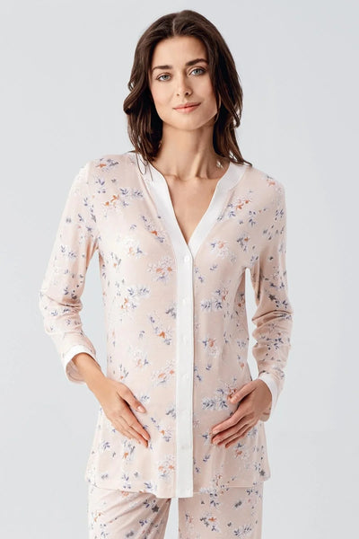 Uzun Kollu Çiçek Desenli Düğmeli Esnek Viskon Pijama Takım 16214