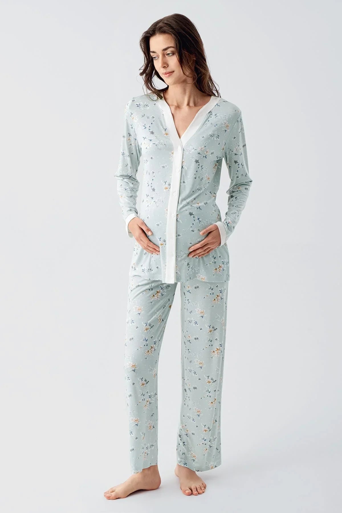 Uzun Kollu Çiçek Desenli Düğmeli Esnek Viskon Pijama Takım 16214 - Artış Collection