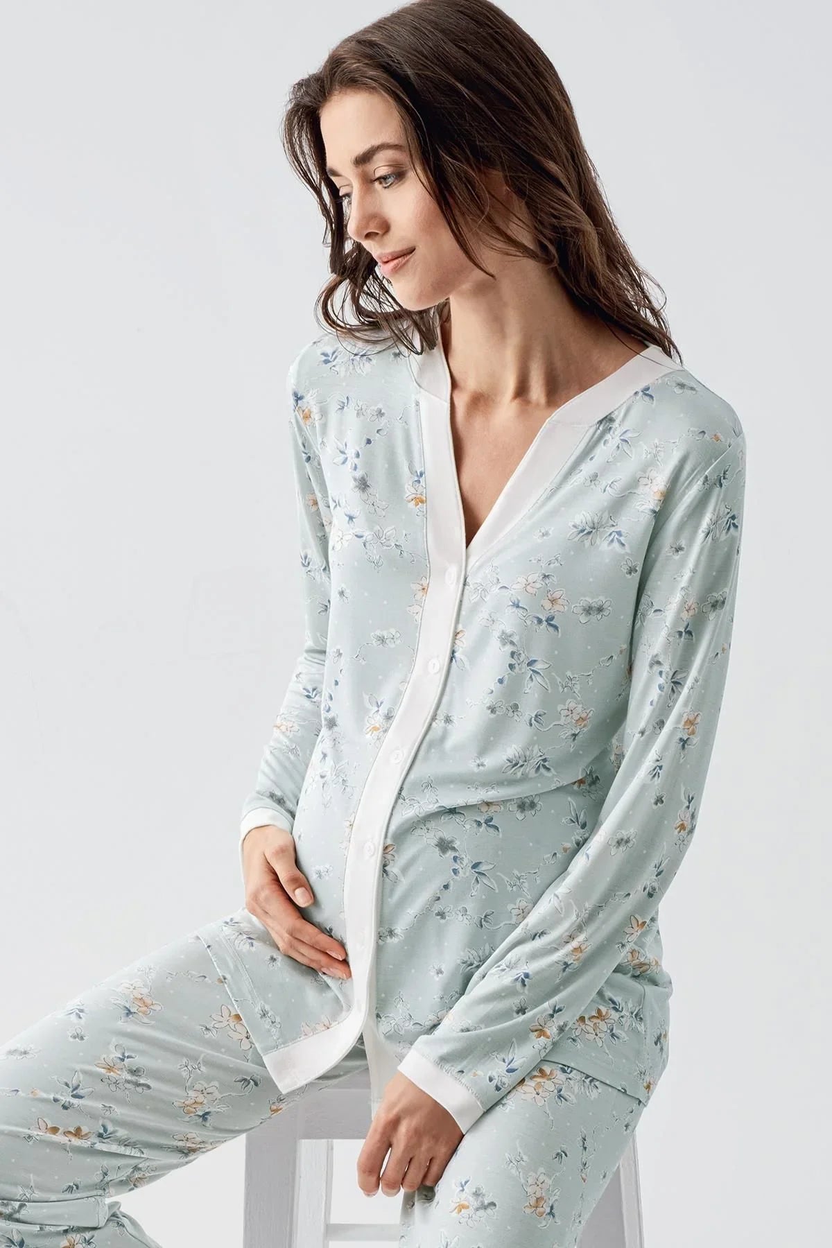 Uzun Kollu Çiçek Desenli Düğmeli Esnek Viskon Pijama Takım 16214 - Artış Collection