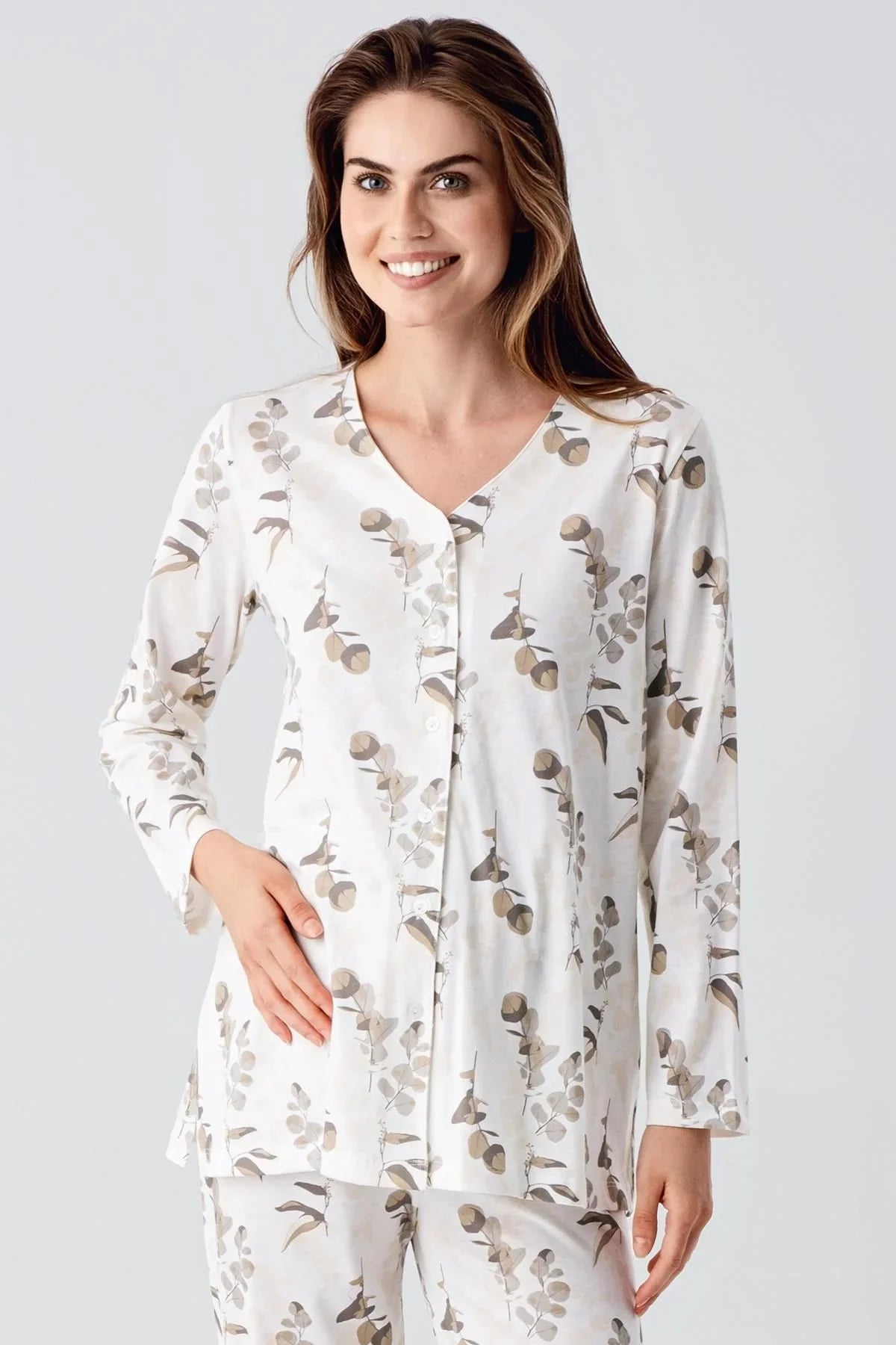 Uzun Kollu Çiçek Desenli Düğmeli Pamuklu Hamile Pijama Takım 22115
