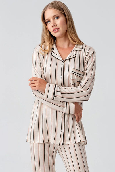Uzun Kollu Çizgili Düğmeli Esnek Viskoz Pijama Takım