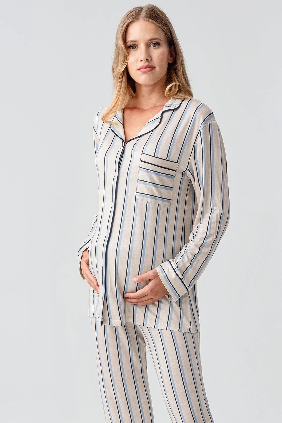 Uzun Kollu Çizgili Düğmeli Esnek Viskoz Pijama Takım 18220