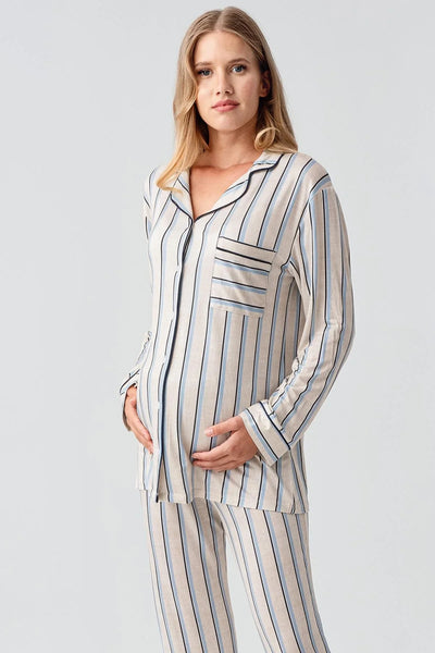 Uzun Kollu Çizgili Düğmeli Esnek Viskoz Pijama Takım