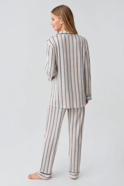 Uzun Kollu Çizgili Düğmeli Esnek Viskoz Pijama Takım