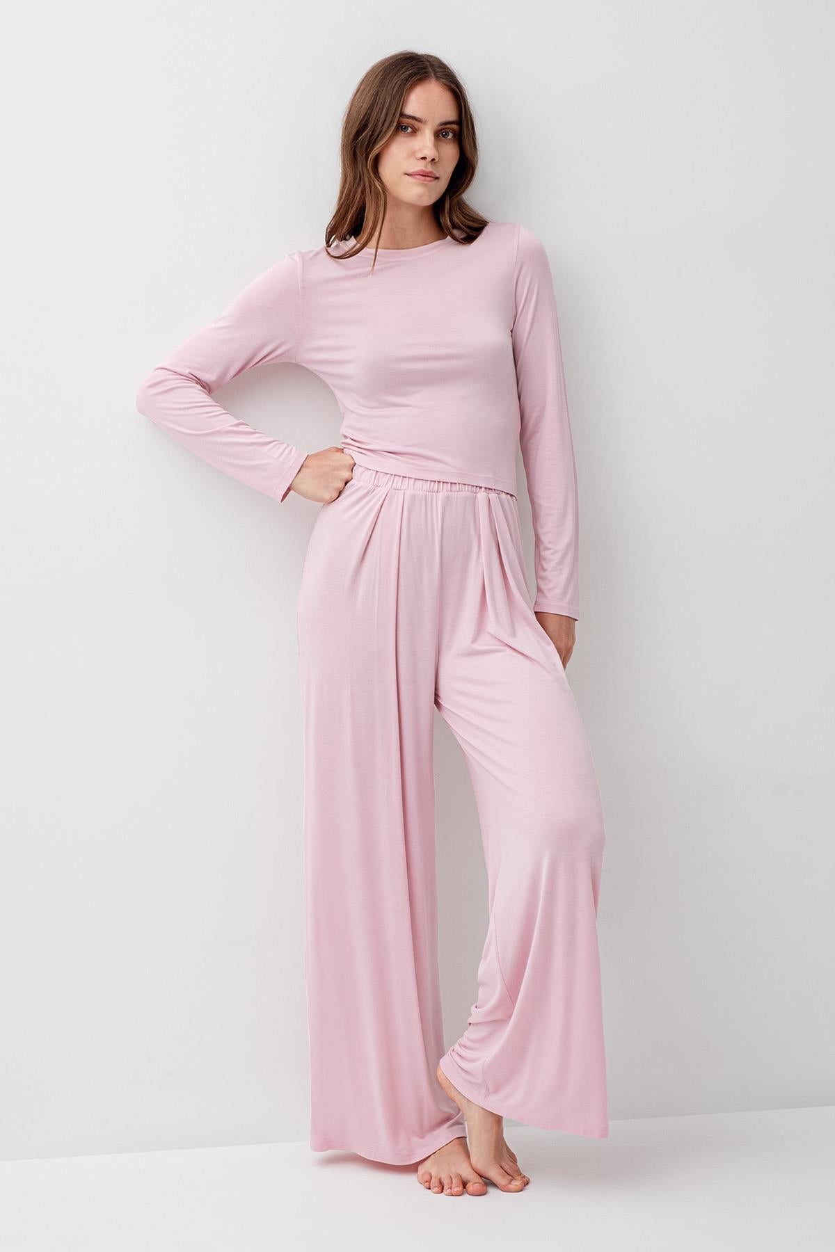 Uzun Kollu Crop Bol Paça Esnek Likralı Viskoz Soft Pijama Takım 18210