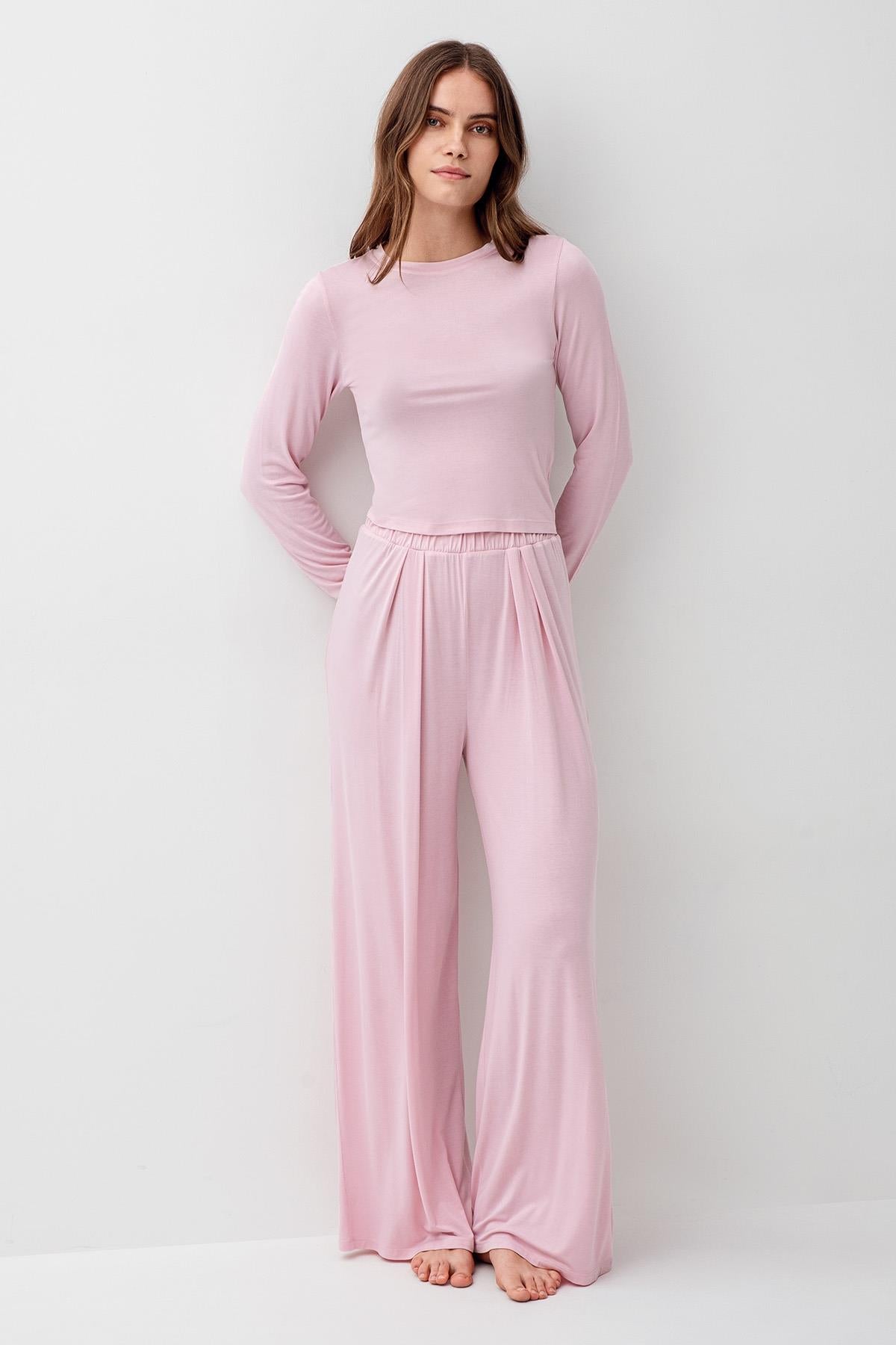 Uzun Kollu Crop Bol Paça Esnek Likralı Viskoz Soft Pijama Takım 18210