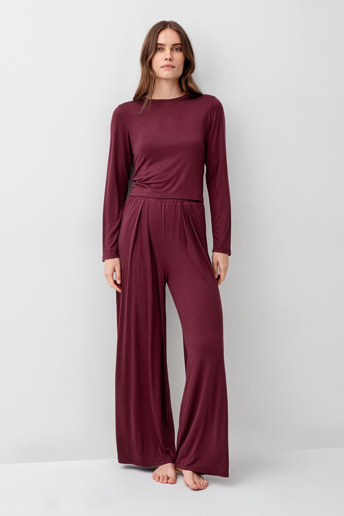 Uzun Kollu Crop Bol Paça Esnek Likralı Viskoz Soft Pijama Takım 18210