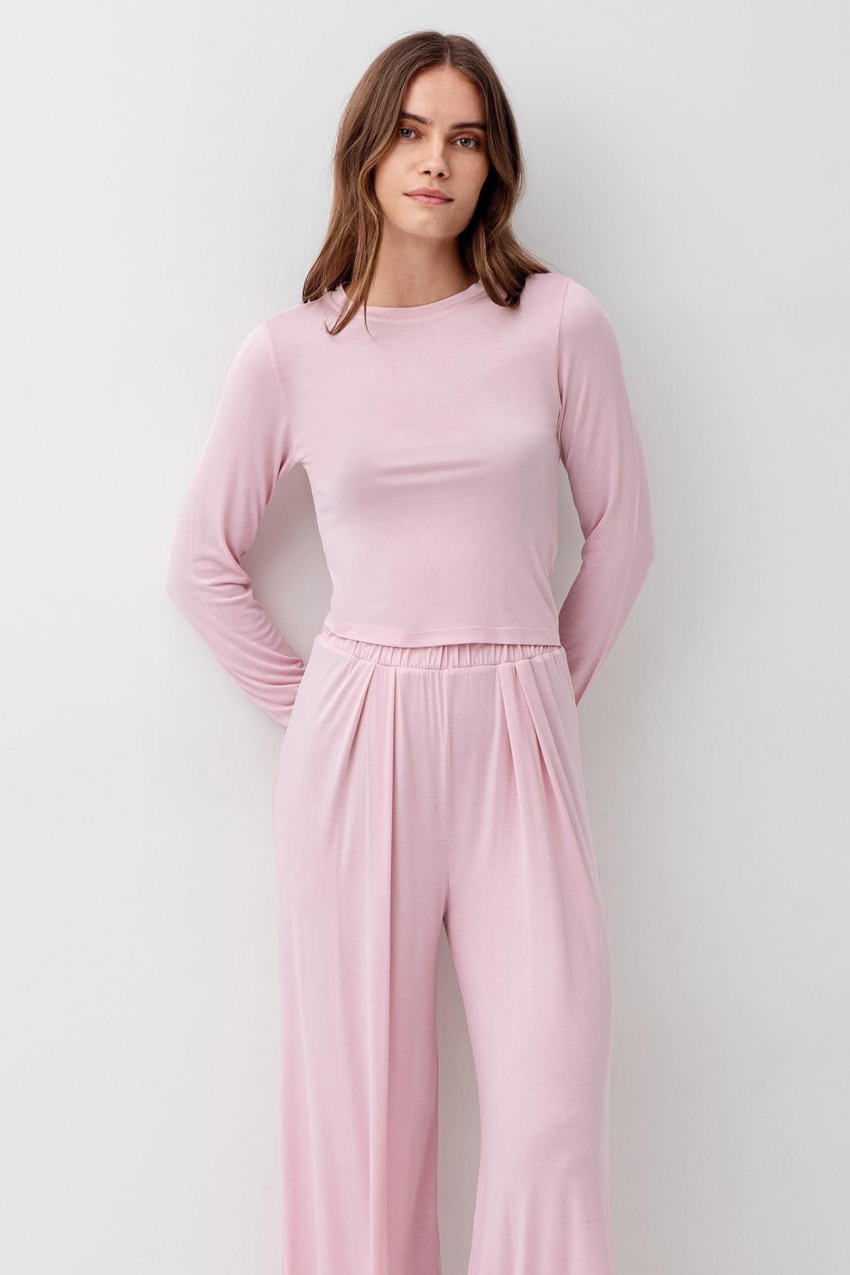 Uzun Kollu Crop Bol Paça Esnek Likralı Viskoz Soft Pijama Takım 18210