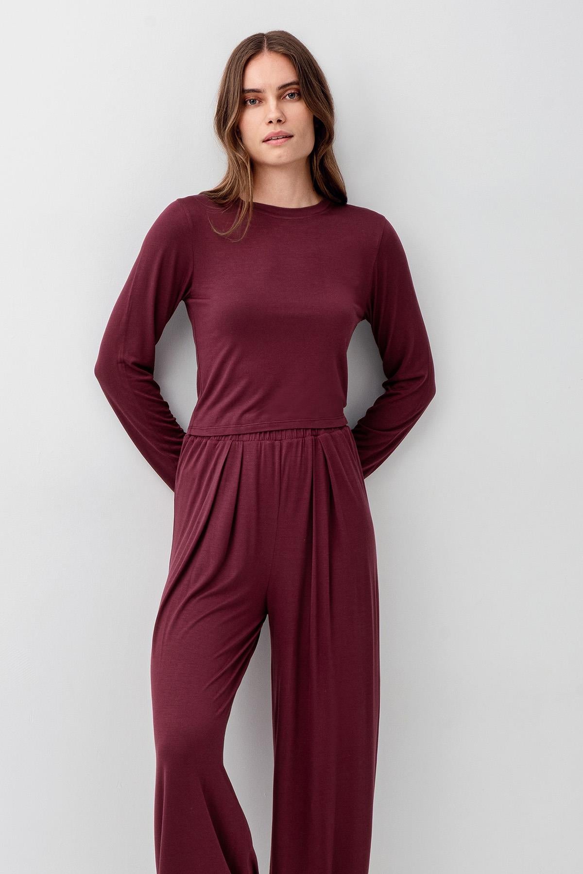 Uzun Kollu Crop Bol Paça Esnek Likralı Viskoz Soft Pijama Takım 18210