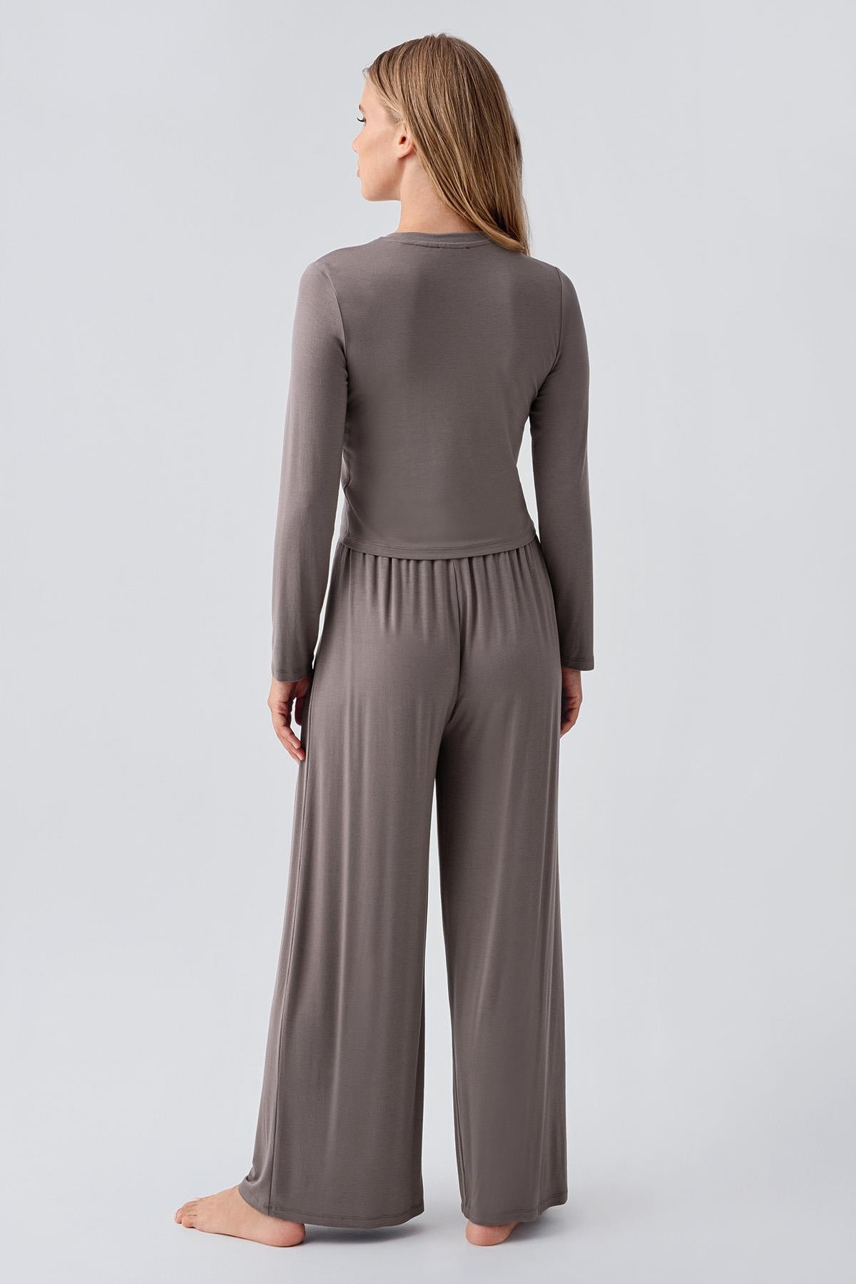 Long Sleeve Crop Wide Leg Flexible Viscose Pajama Set 18210
