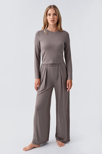 Long Sleeve Crop Wide Leg Flexible Viscose Pajama Set 18210