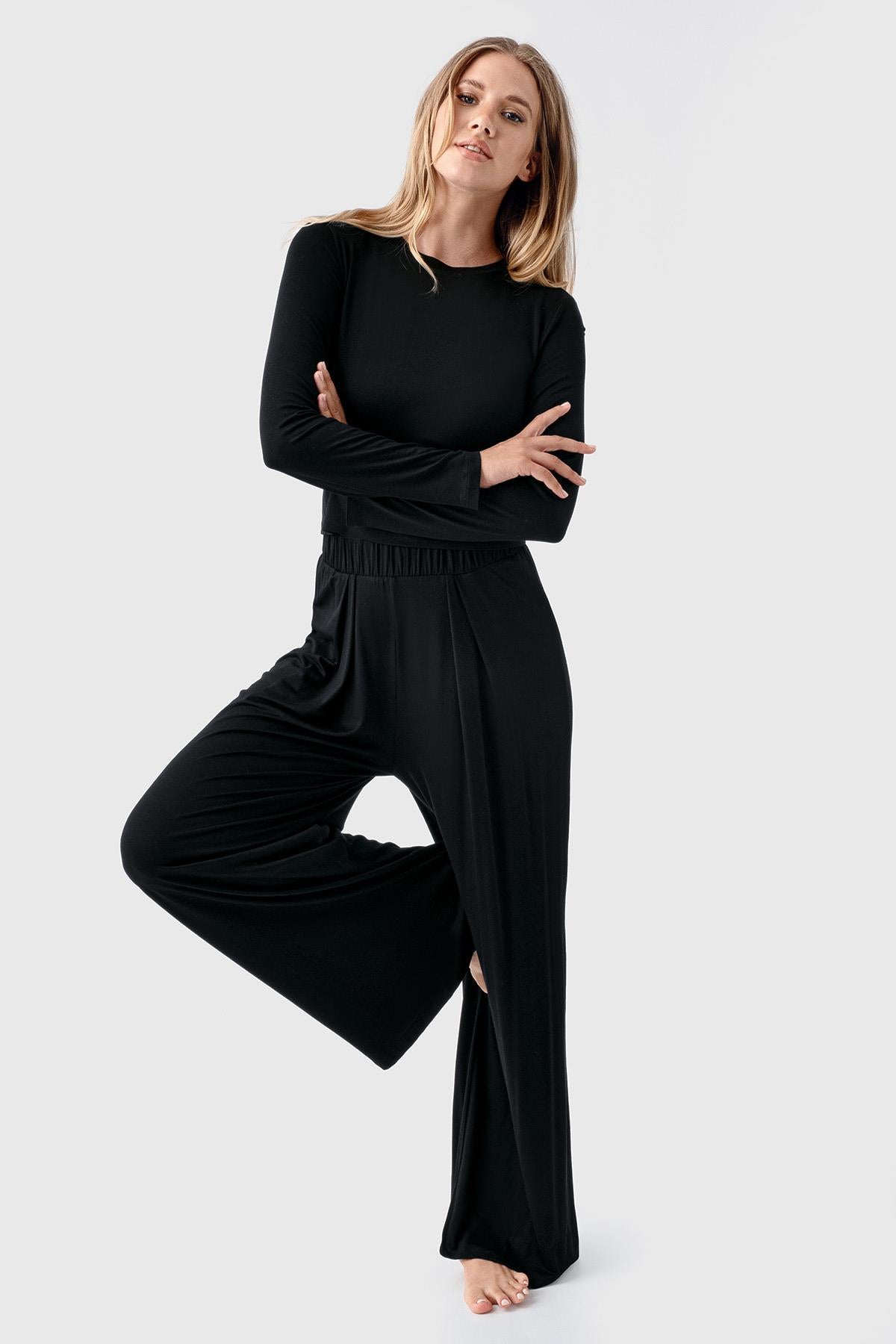 Long Sleeve Crop Wide Leg Flexible Viscose Pajama Set 18210