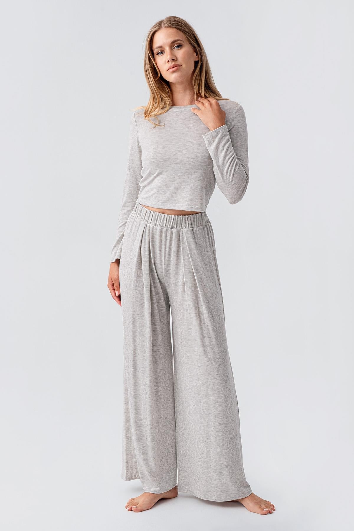 Long Sleeve Crop Wide Leg Flexible Viscose Pajama Set 18210