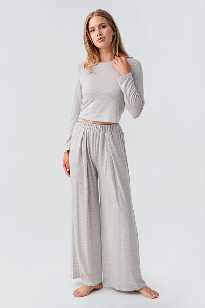 Long Sleeve Crop Wide Leg Flexible Viscose Pajama Set 18210