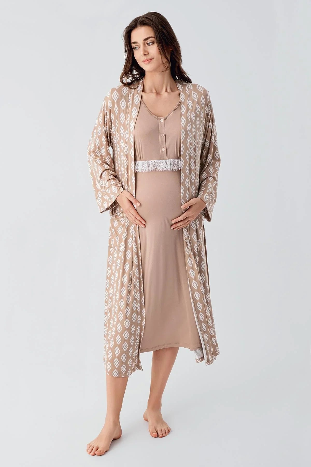Uzun Kollu Dantelli Desenli Düğmeli Esnek Viskoz Hamile Sabahlık Gecelik Takım 24101