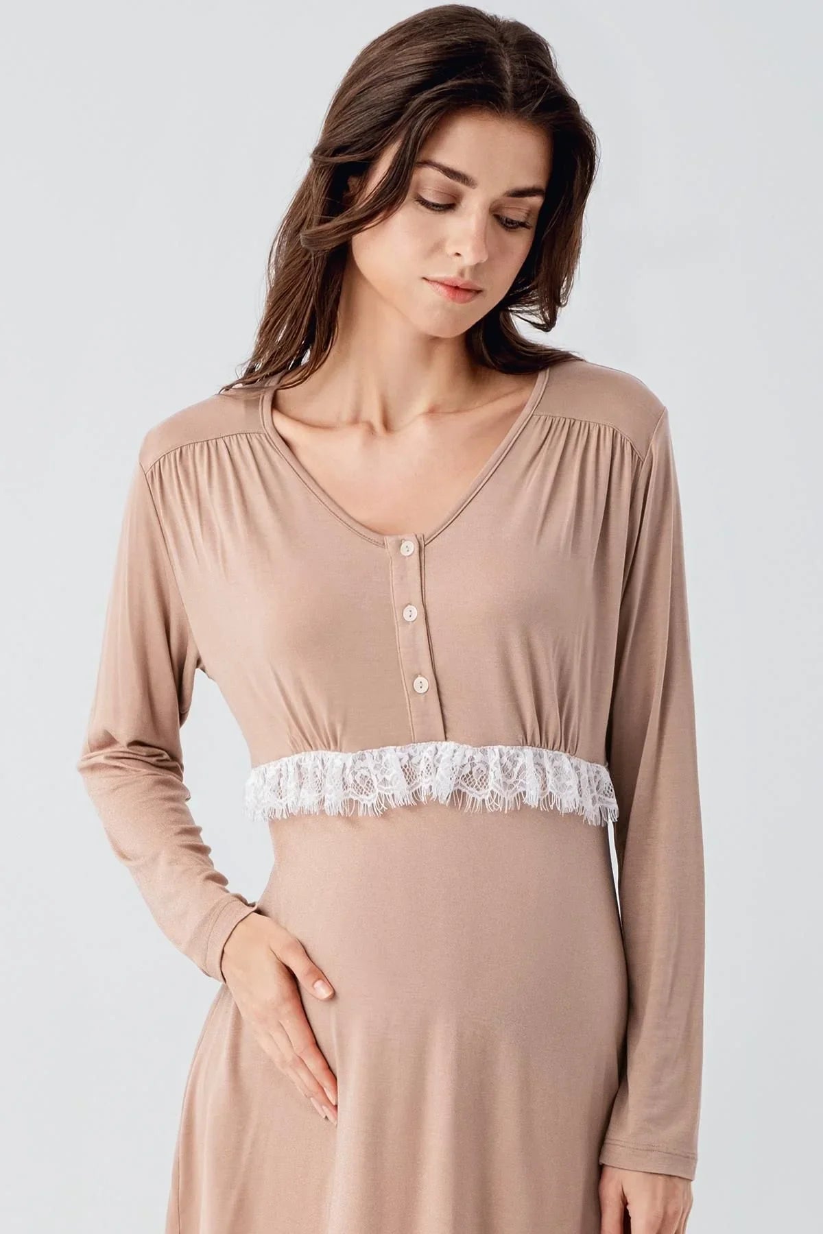 Uzun Kollu Dantelli Desenli Düğmeli İspanyol Paça Esnek Viskoz Hamile Sabahlık Pijama Takım 23101 - Artış Collection