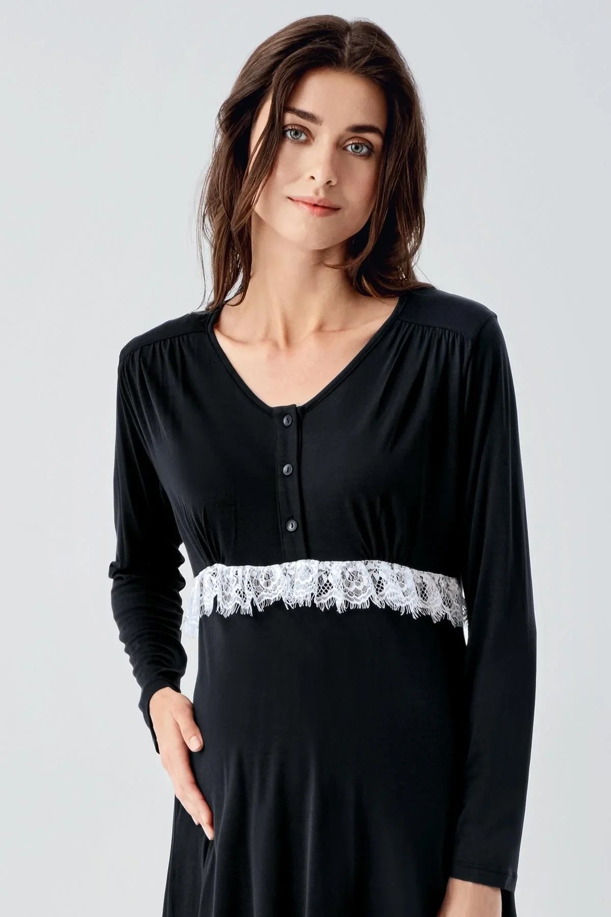 Uzun Kollu Dantelli Desenli Düğmeli İspanyol Paça Esnek Viskoz Hamile Sabahlık Pijama Takım 23101 - Artış Collection