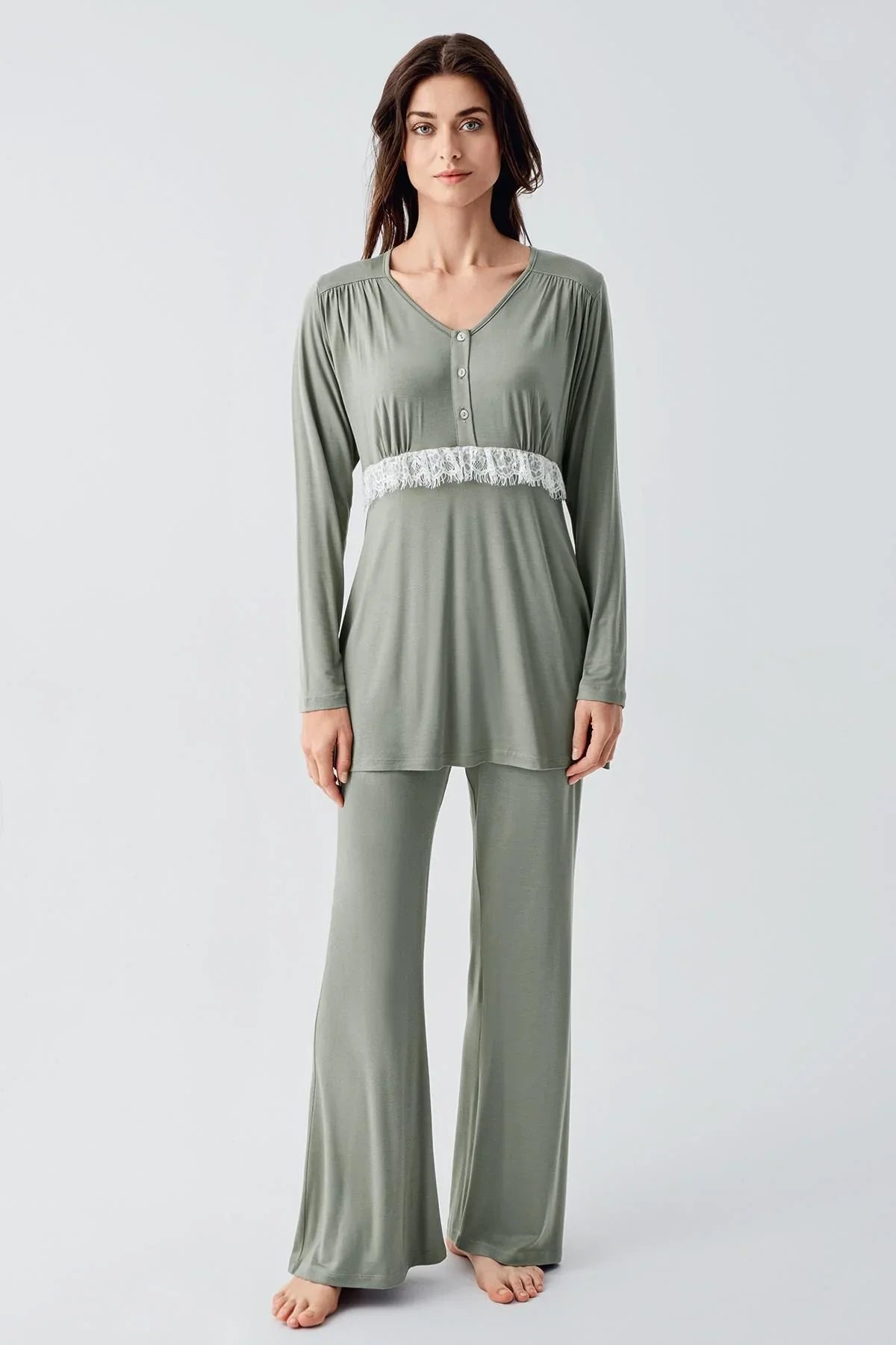 Uzun Kollu Dantelli Desenli Düğmeli İspanyol Paça Esnek Viskoz Hamile Sabahlık Pijama Takım 23101 - Artış Collection