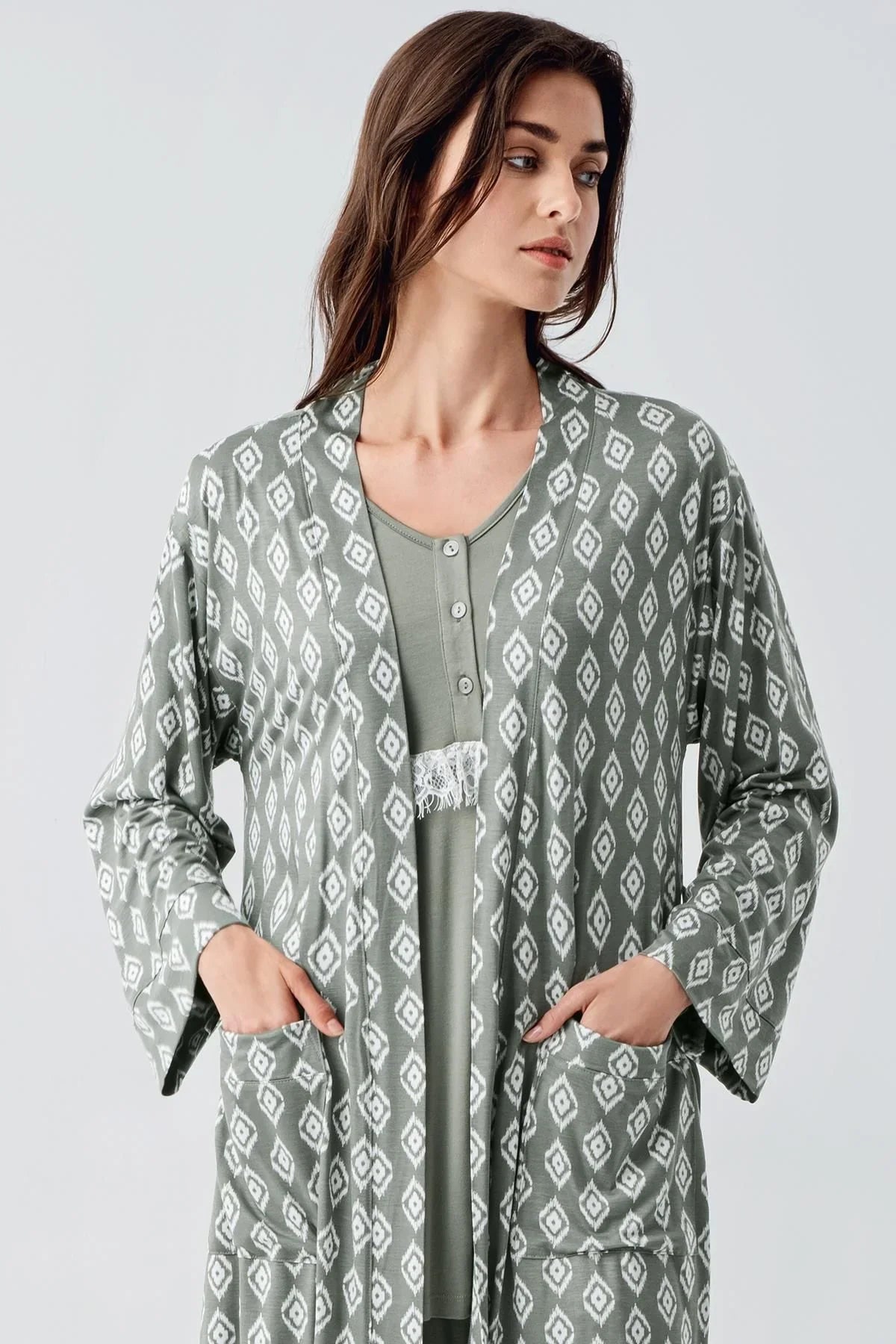 Uzun Kollu Dantelli Desenli Düğmeli İspanyol Paça Esnek Viskoz Hamile Sabahlık Pijama Takım 23101 - Artış Collection