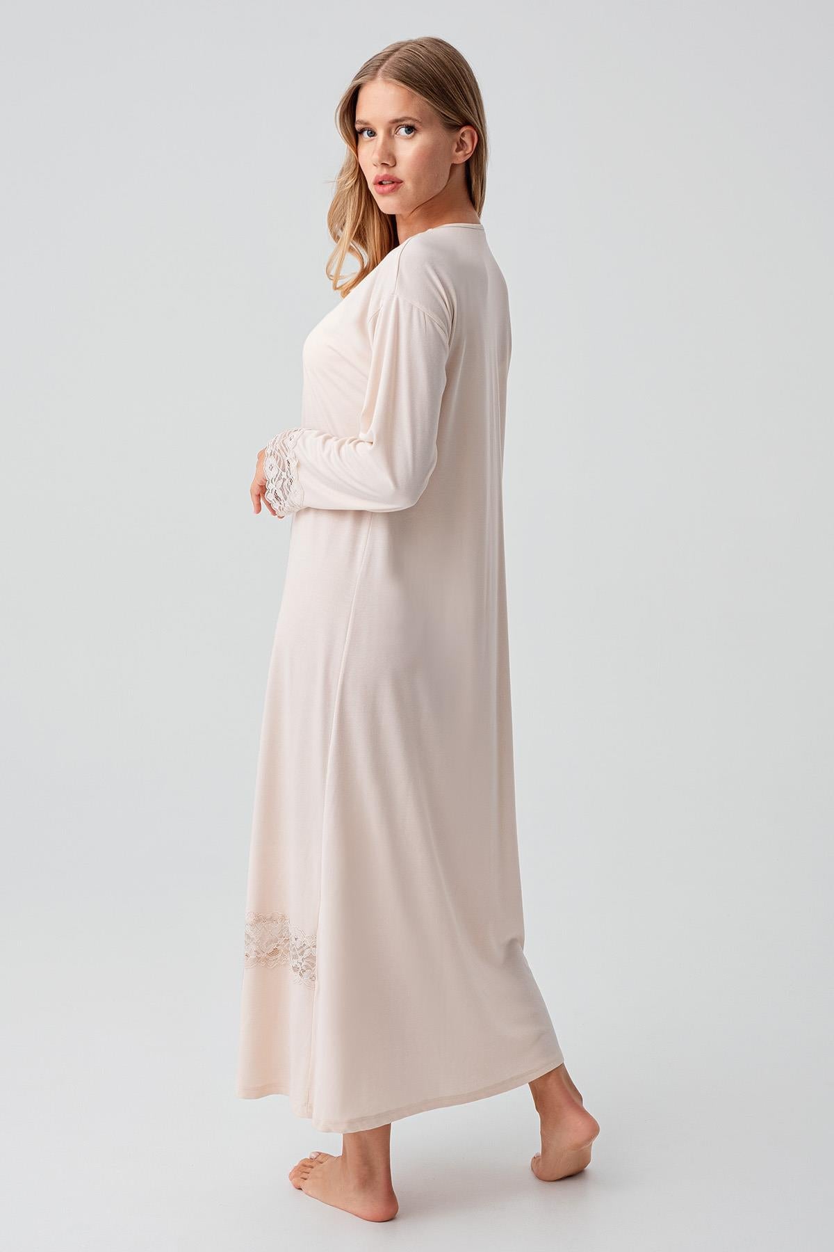 Long Sleeve Lace Buttoned Flexible Viscose Nightgown 18106