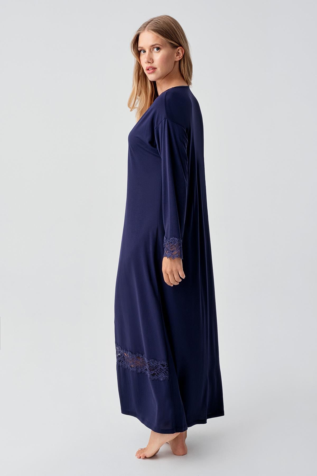 Long Sleeve Lace Buttoned Flexible Viscose Nightgown 18106