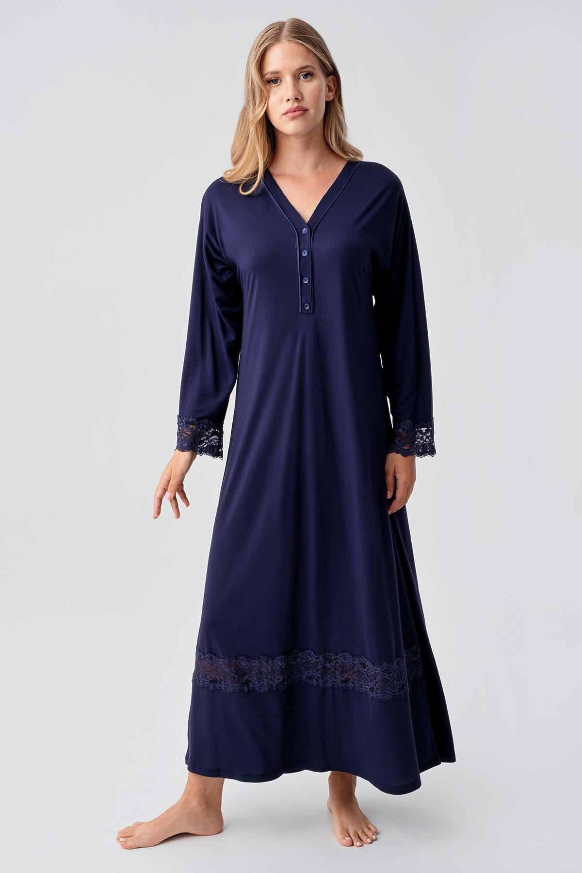 Long Sleeve Lace Buttoned Flexible Viscose Nightgown 18106