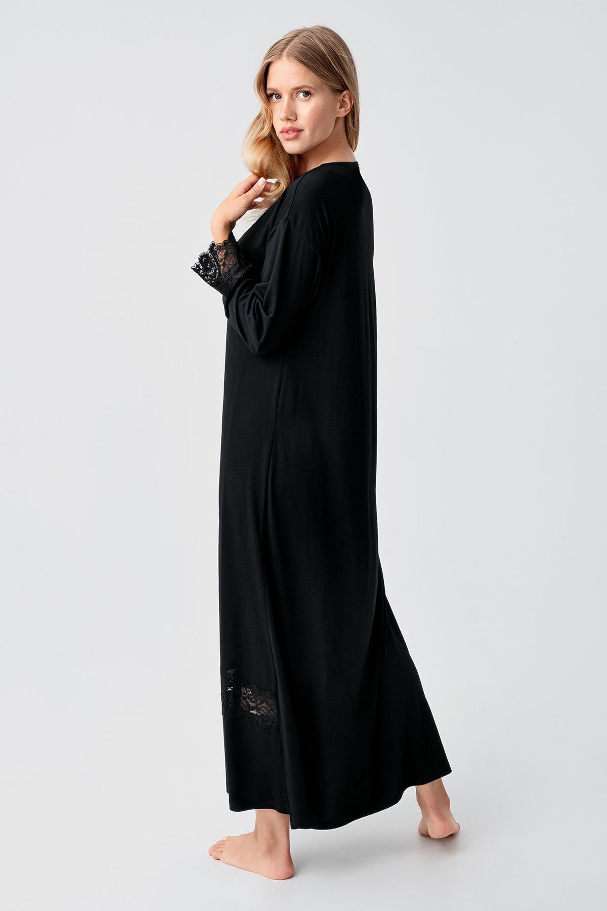Long Sleeve Lace Buttoned Flexible Viscose Nightgown 18106