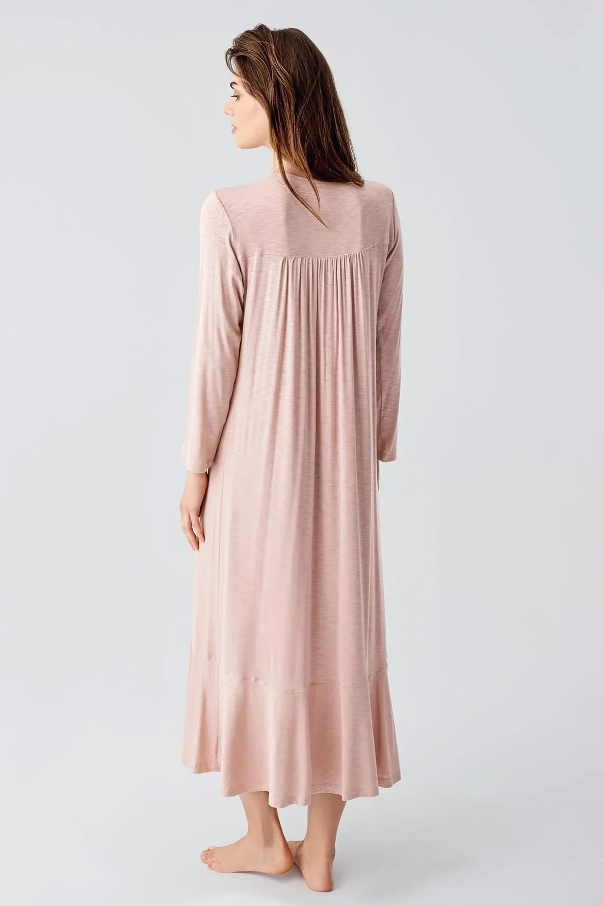 Uzun Kollu Dantelli Düğmeli Esnek Viskoz Gecelik 21108