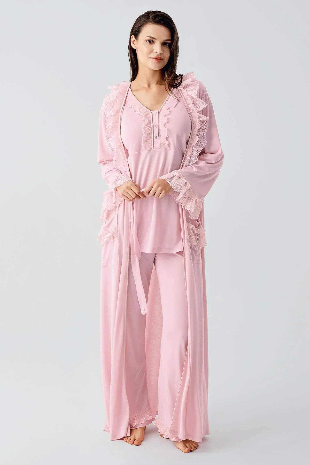 Uzun Kollu Dantelli Düğmeli Esnek Viskoz Sabahlık Pijama Takım 17304