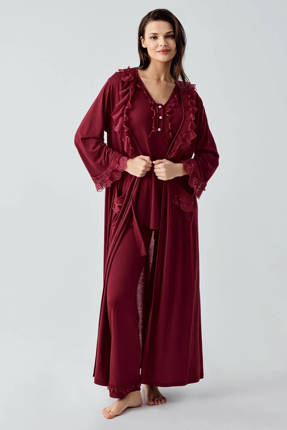 Uzun Kollu Dantelli Düğmeli Esnek Viskoz Sabahlık Pijama Takım 17304