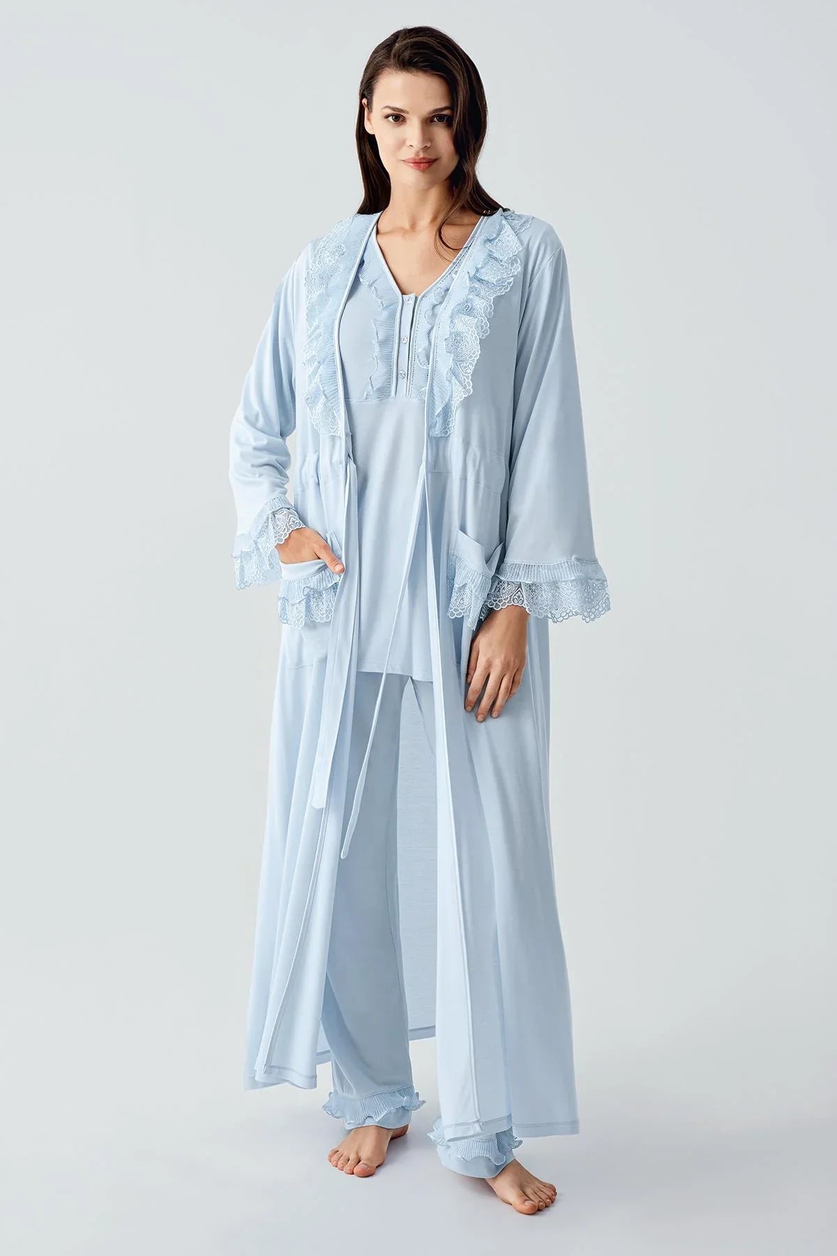 Uzun Kollu Dantelli Düğmeli Esnek Viskoz Sabahlık Pijama Takım 17304