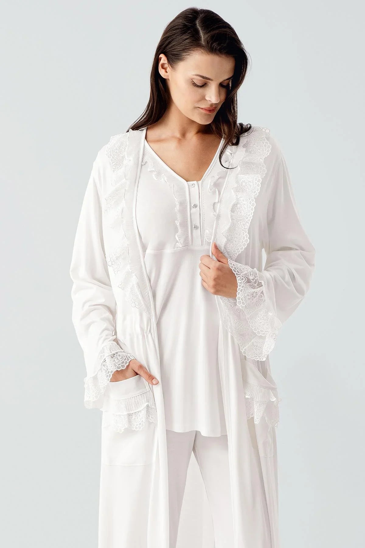 Uzun Kollu Dantelli Düğmeli Esnek Viskoz Sabahlık Pijama Takım 17304