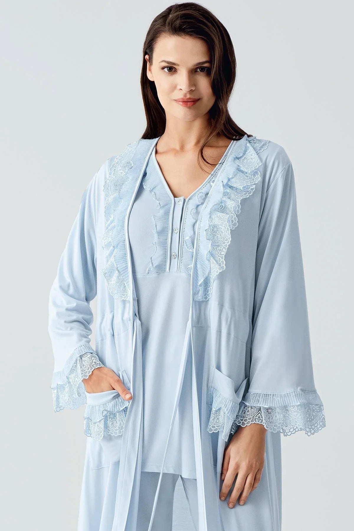 Uzun Kollu Dantelli Düğmeli Esnek Viskoz Sabahlık Pijama Takım 17304