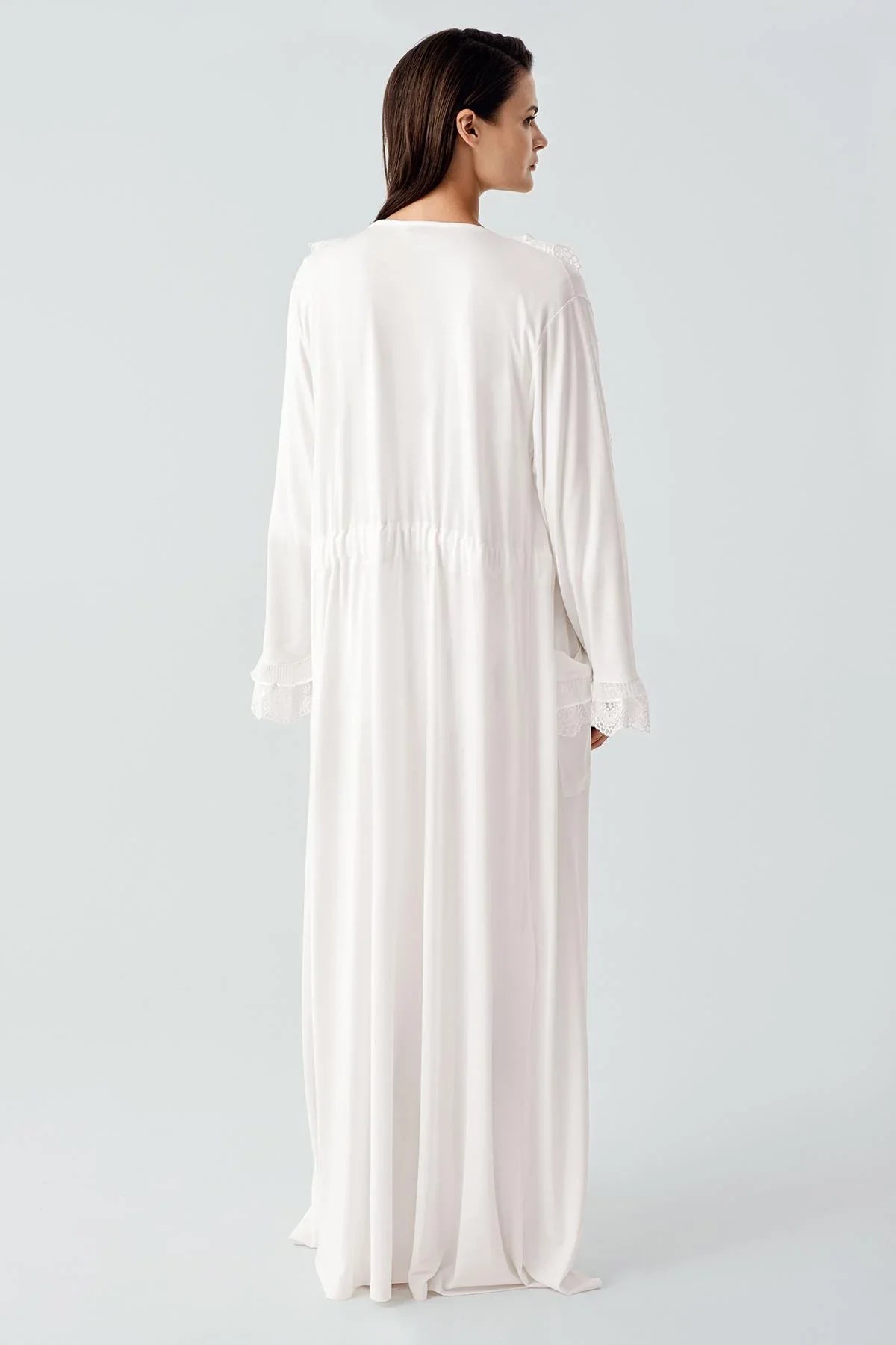 Uzun Kollu Dantelli Düğmeli Esnek Viskoz Sabahlık Pijama Takım 17304