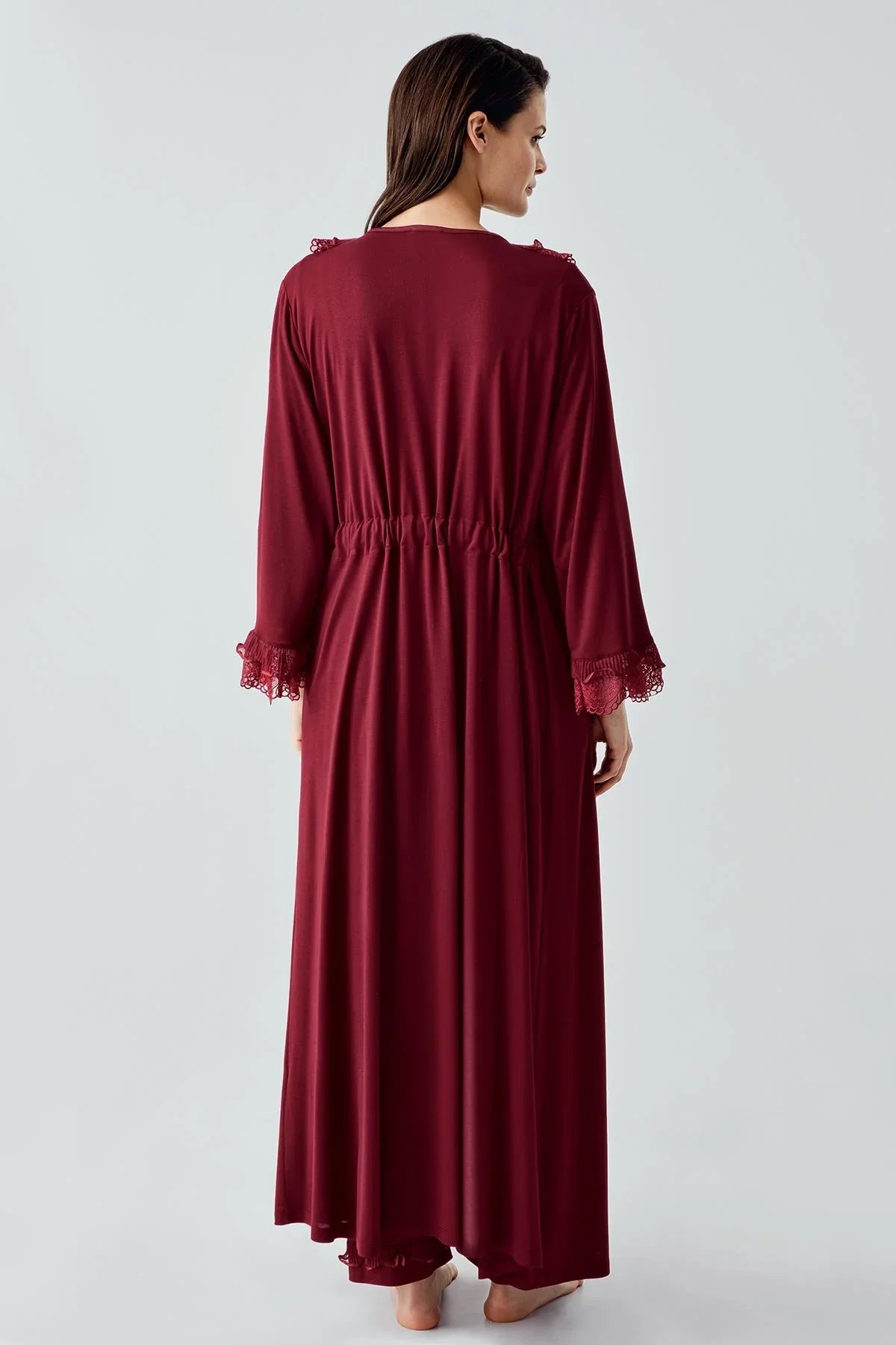 Uzun Kollu Dantelli Düğmeli Esnek Viskoz Sabahlık Pijama Takım 17304