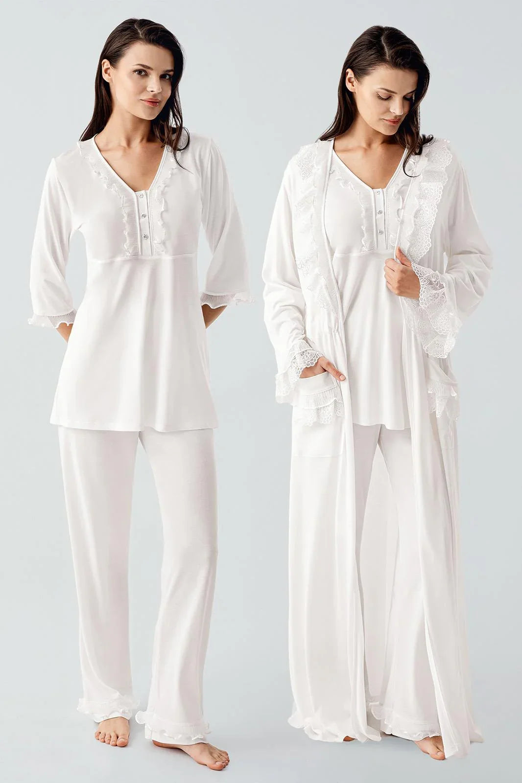 Uzun Kollu Dantelli Düğmeli Esnek Viskoz Sabahlık Pijama Takım 17304