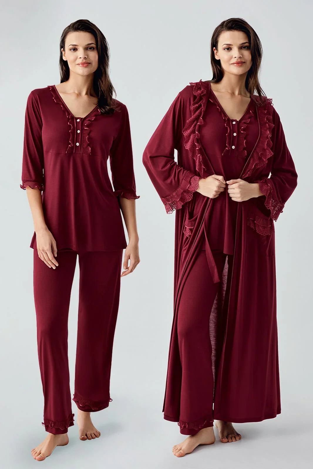 Uzun Kollu Dantelli Düğmeli Esnek Viskoz Sabahlık Pijama Takım 17304