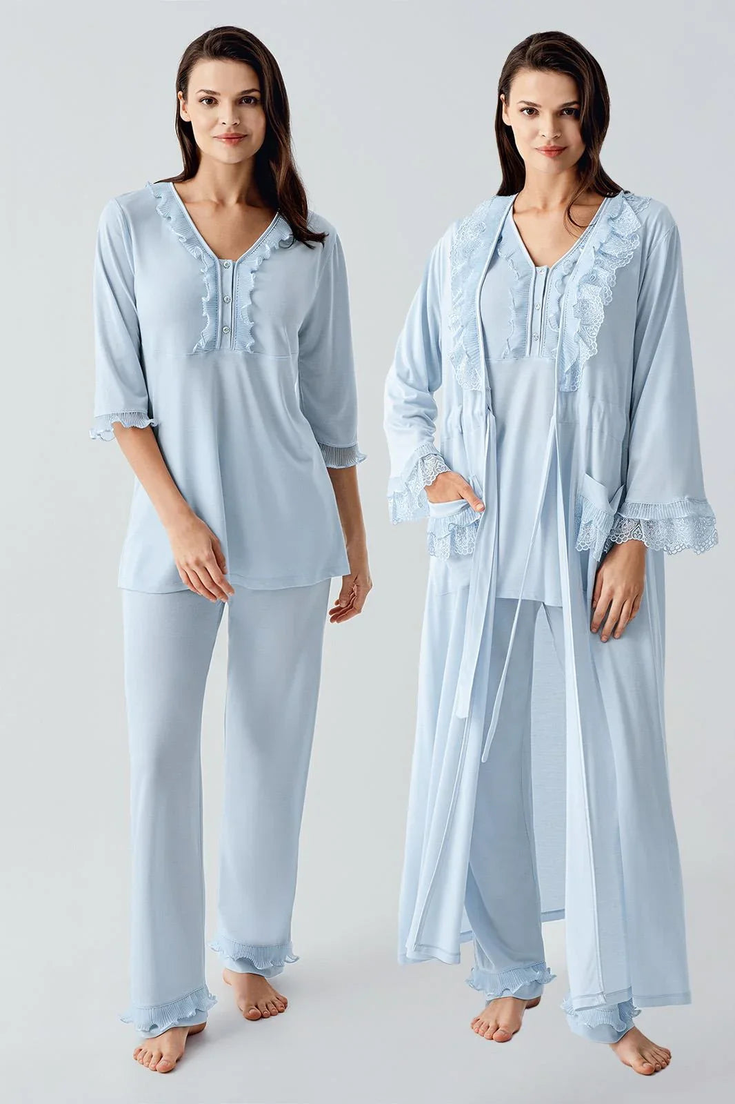 Uzun Kollu Dantelli Düğmeli Esnek Viskoz Sabahlık Pijama Takım 17304