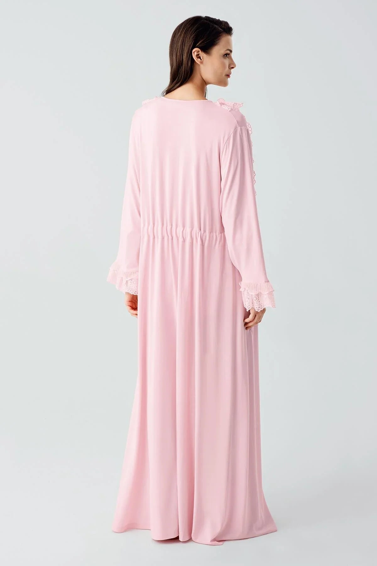 Uzun Kollu Dantelli Düğmeli Esnek Viskoz Sabahlık Pijama Takım 17304