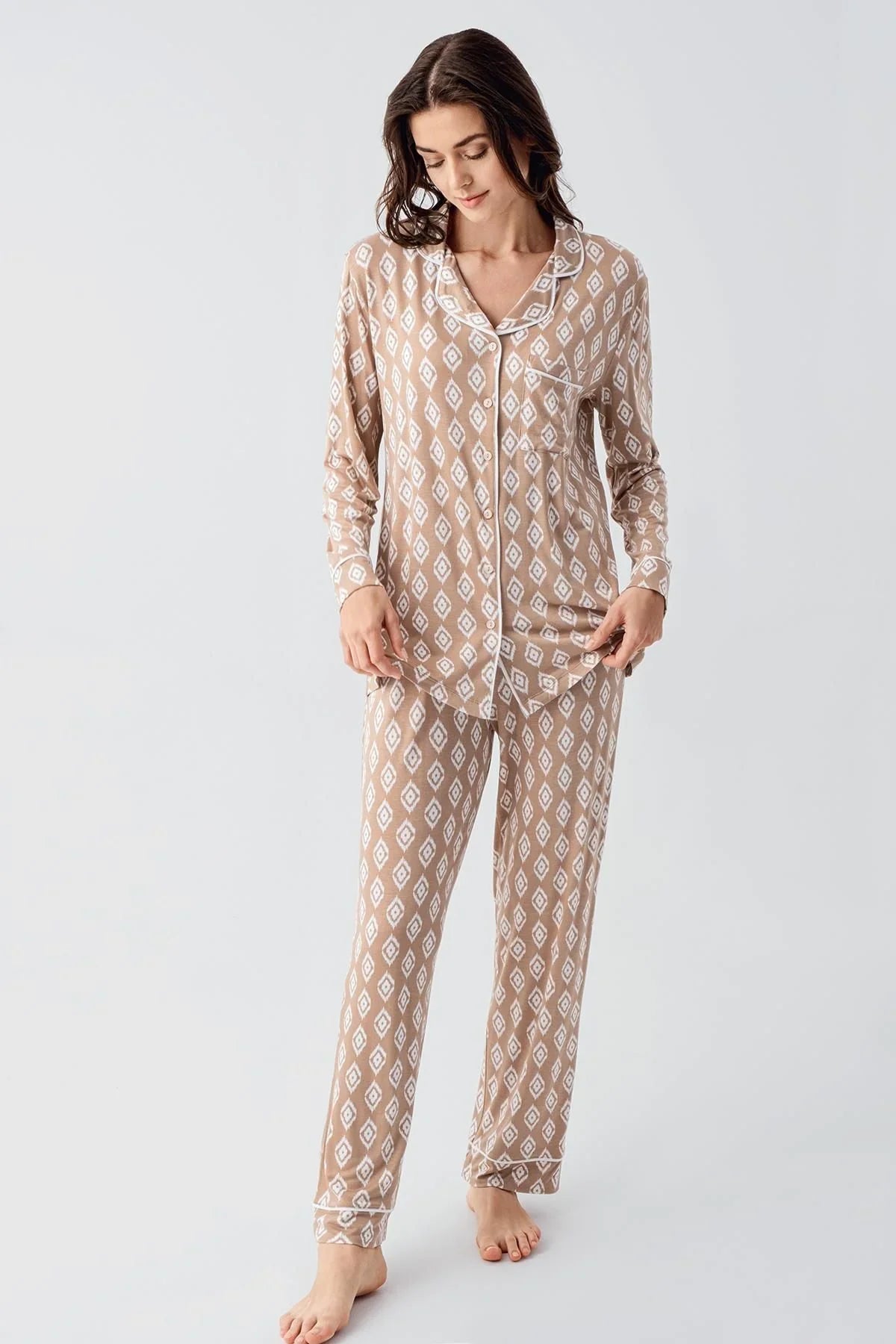 Long Sleeve Patterned Buttoned Flexible Lycra Viscose Pajama Set 22101