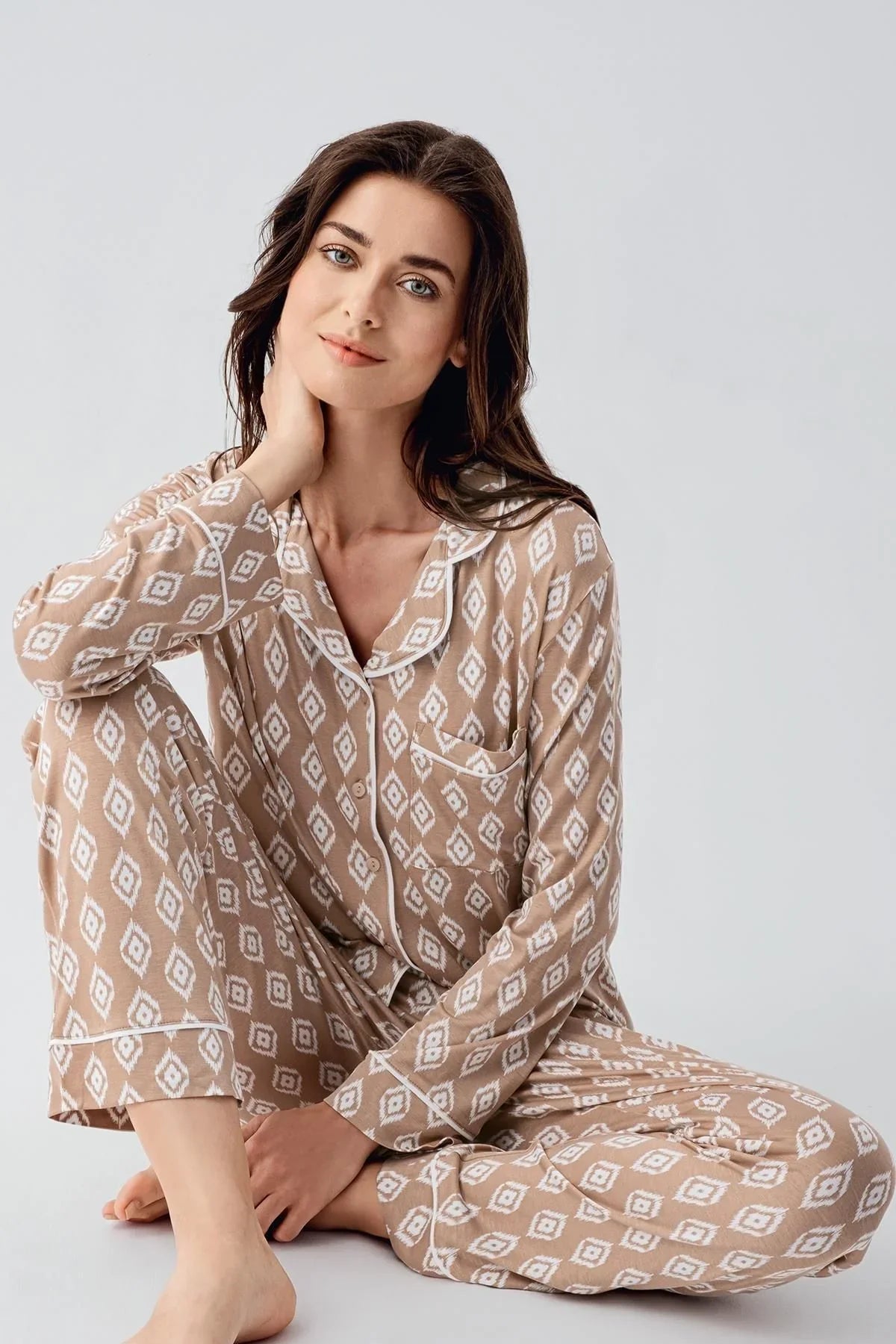 Long Sleeve Patterned Buttoned Flexible Lycra Viscose Pajama Set 22101
