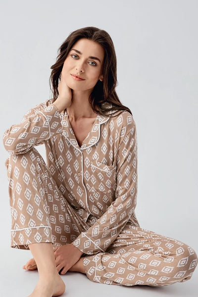 Long Sleeve Patterned Buttoned Flexible Lycra Viscose Pajama Set 22101
