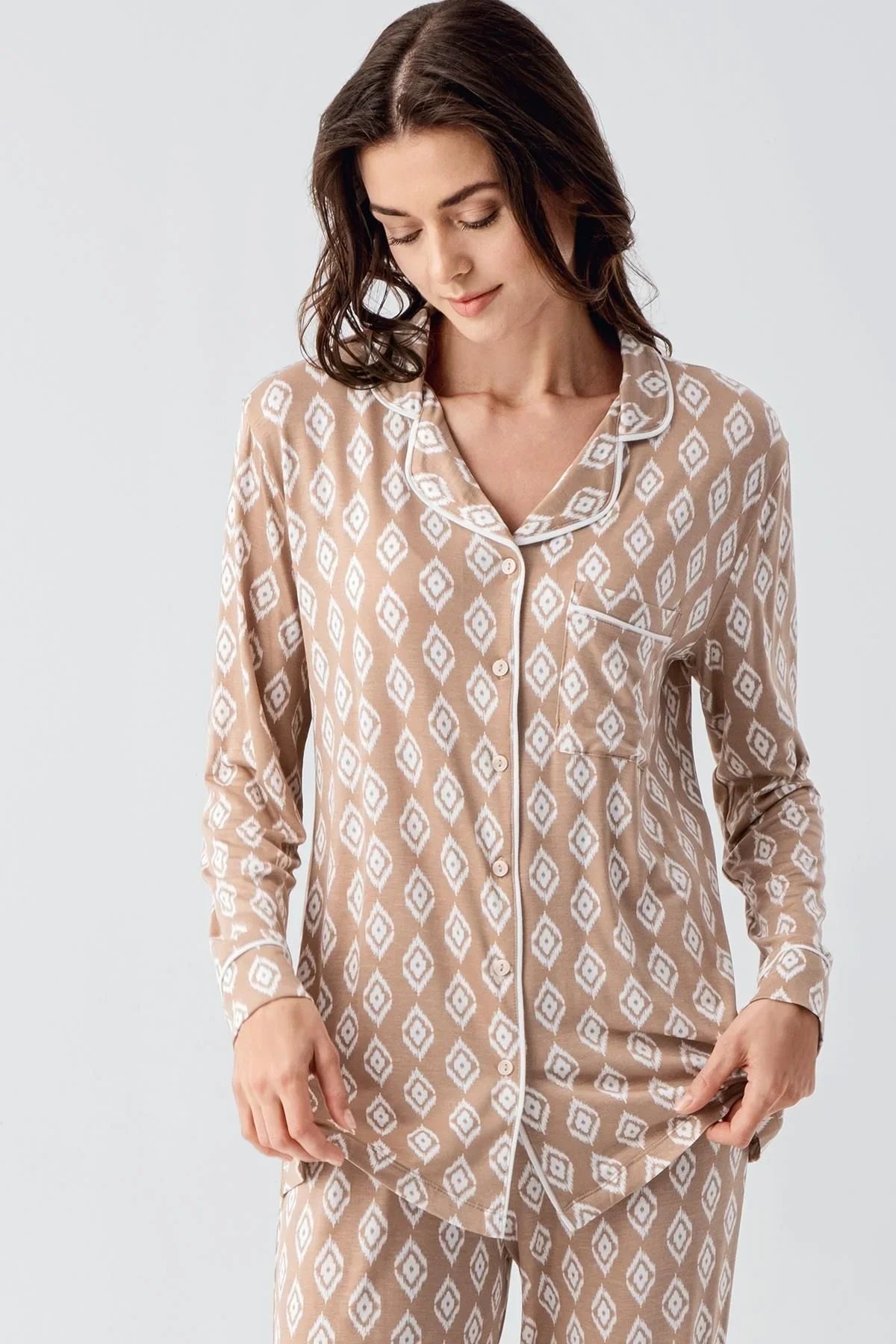 Long Sleeve Patterned Buttoned Flexible Lycra Viscose Pajama Set 22101