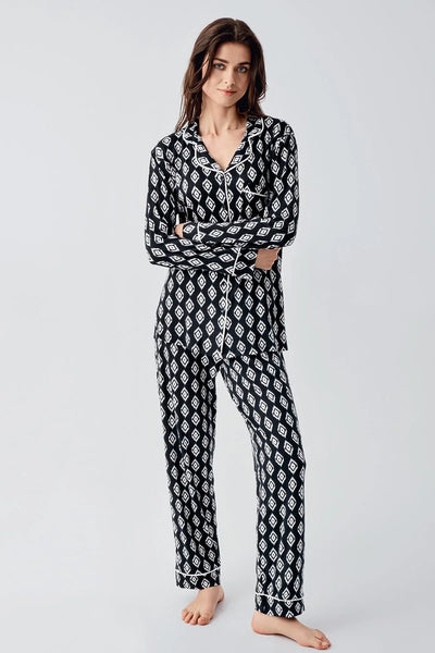 Long Sleeve Patterned Buttoned Flexible Lycra Viscose Pajama Set 22101